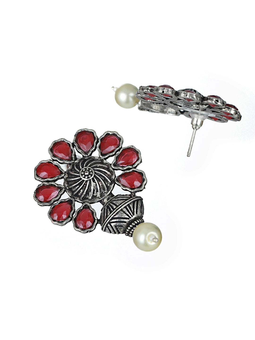Priyaasi Red Studded Floral Pearl Oxidised Silver Earrings