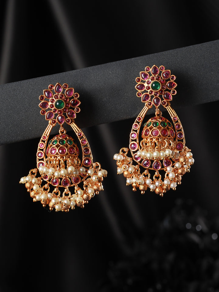 Floral Kemp Stone Studded Pearl Gold-Plated Jhumka Earrings