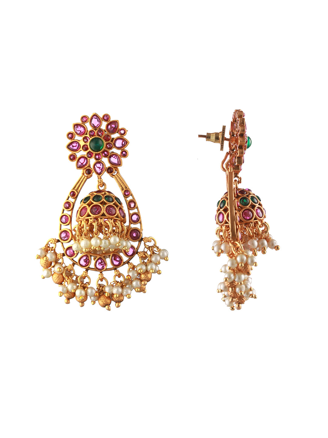 Floral Kemp Stone Studded Pearl Gold-Plated Jhumka Earrings