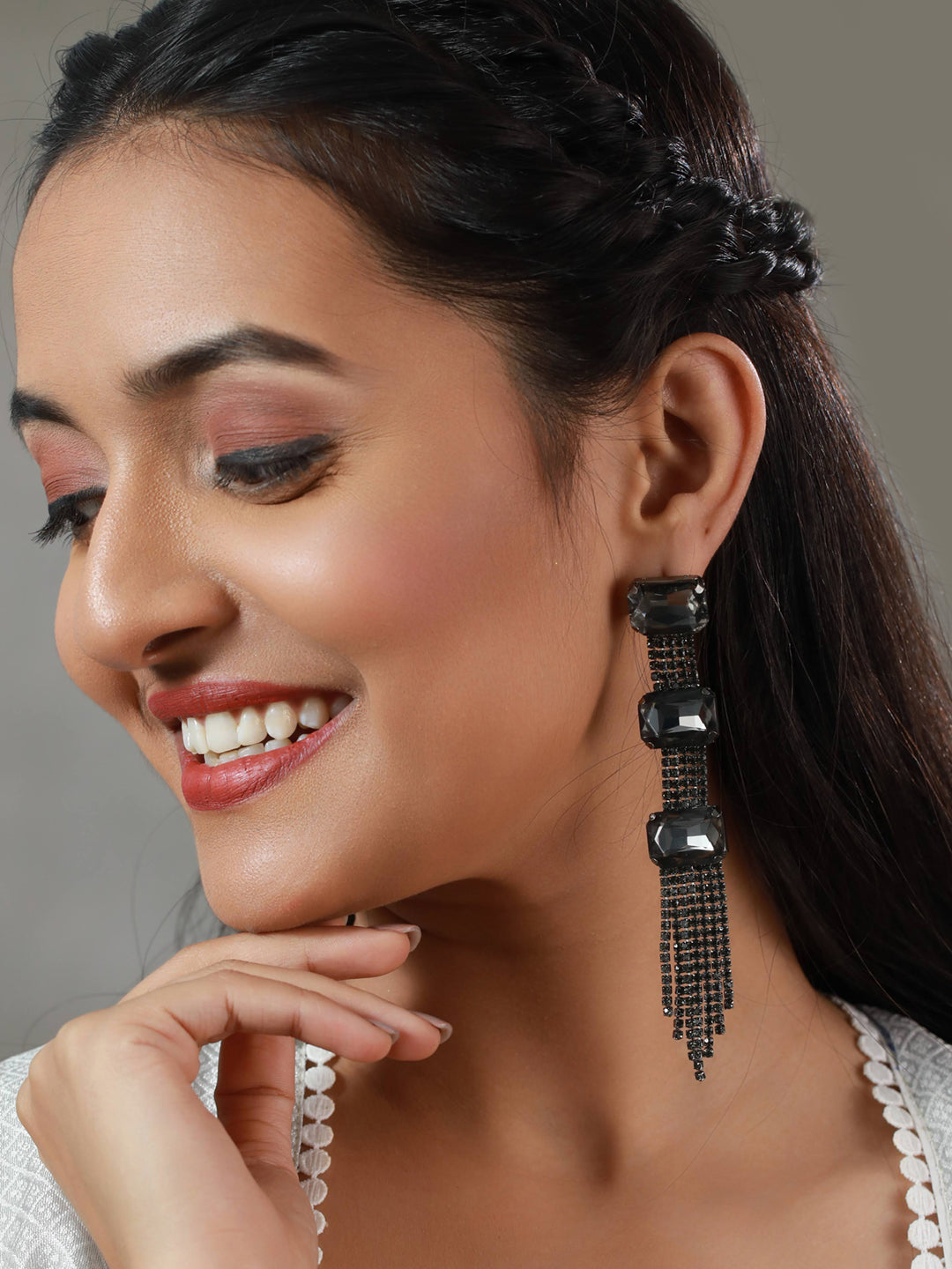 Priyaasi Black Block Tassel Drop Earrings