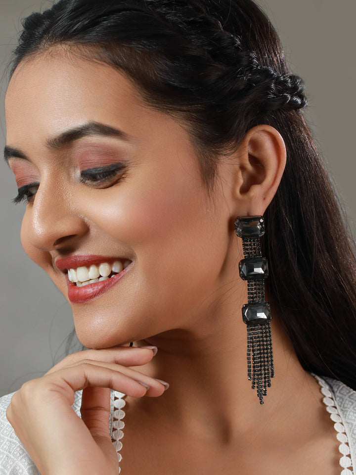 Priyaasi Black Block Tassel Drop Earrings