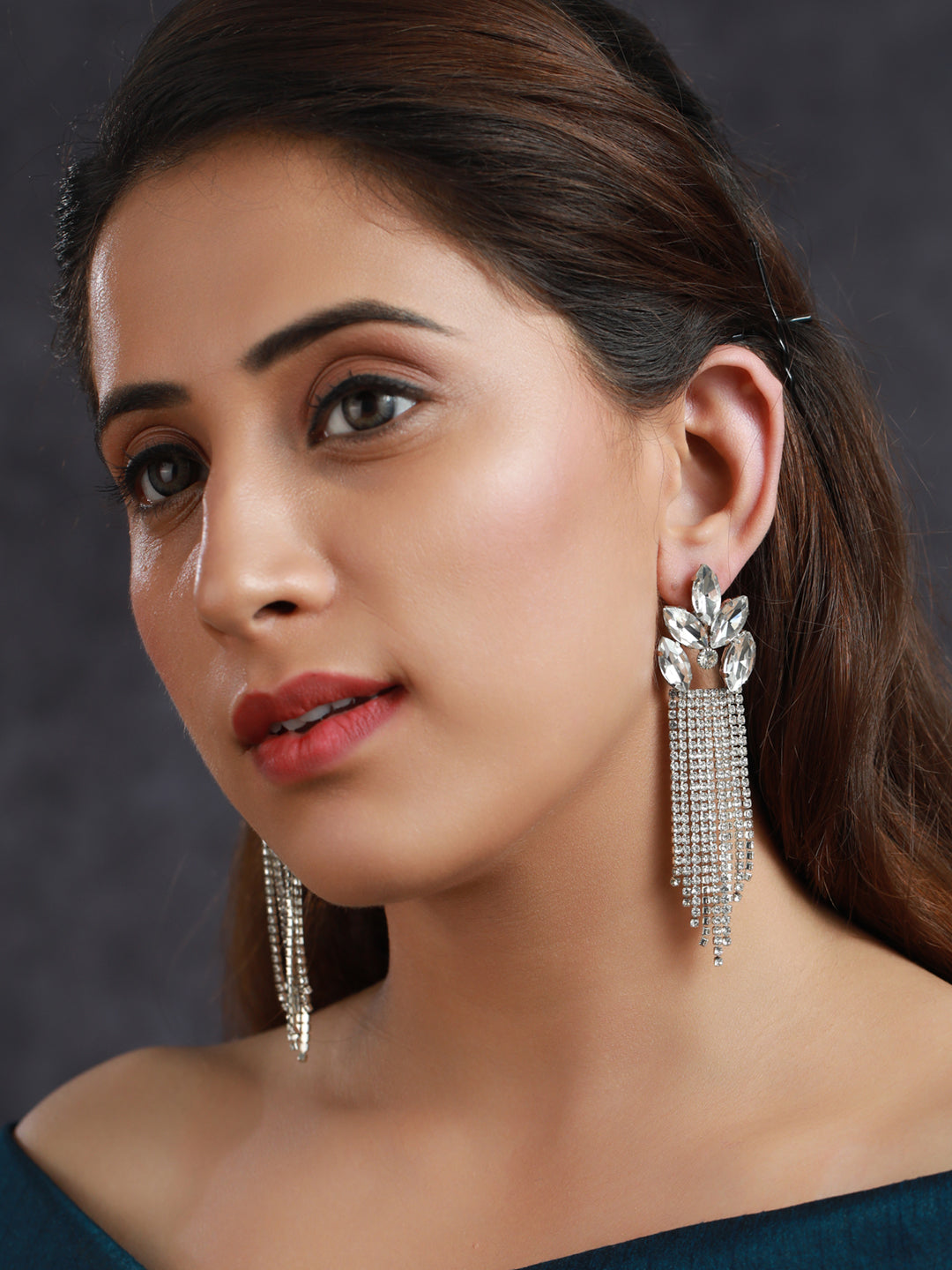 Priyaasi White Leaf Tassel Drop Earrings