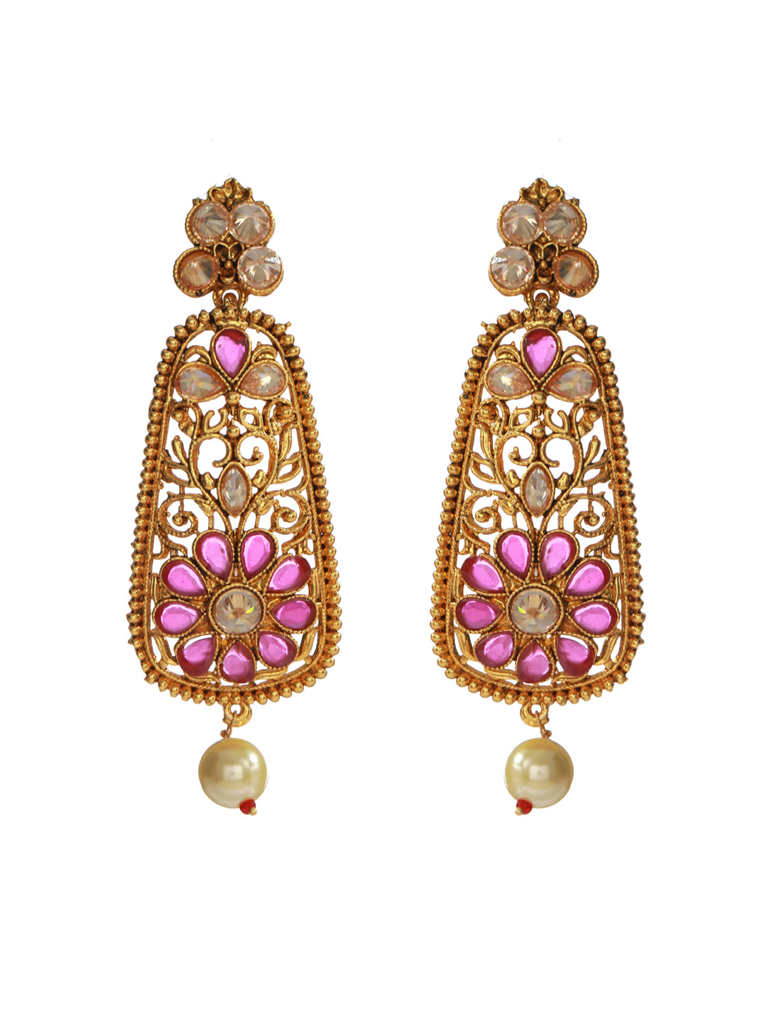 Priyaasi Pink Floral Gold Plated Pearl Drop Earrings