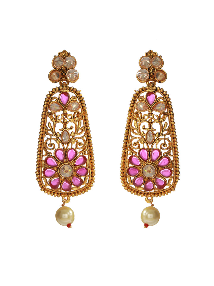 Priyaasi Pink Floral Gold Plated Pearl Drop Earrings