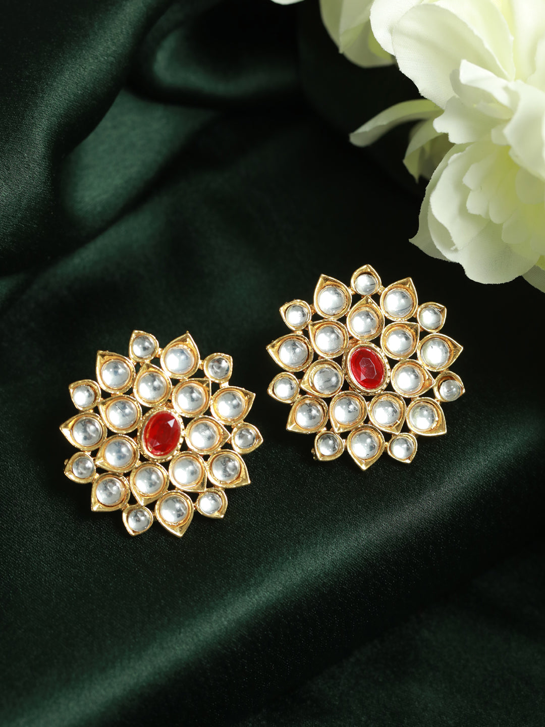 Priyaasi Floral Red Studded Gold Plated Earrings