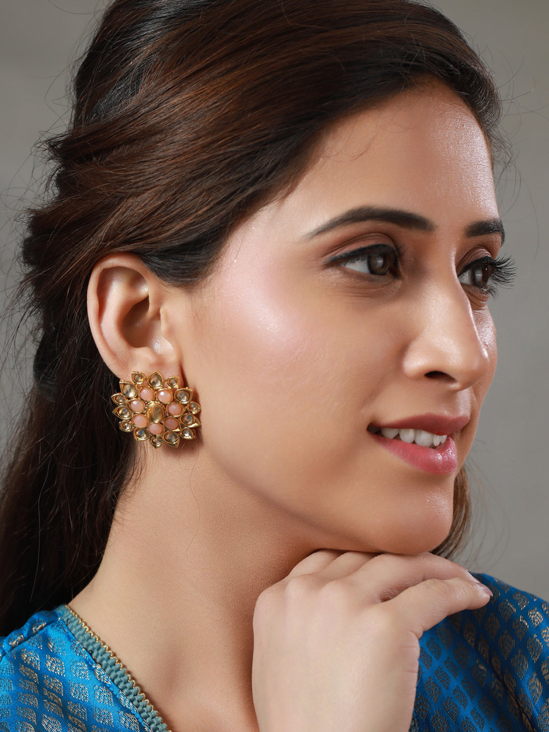 Priyaasi Floral Peach Studded Gold Plated Earrings