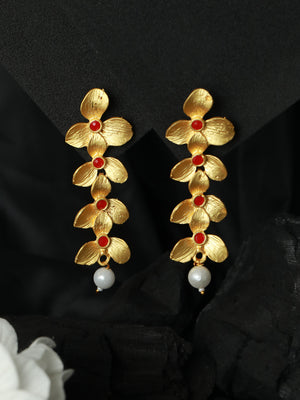Priyaasi Red Studded Floral Gold Plated Drop Earrings