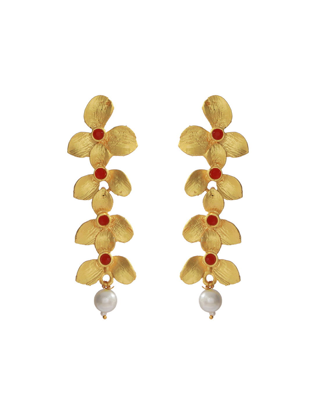 Priyaasi Red Studded Floral Gold Plated Drop Earrings