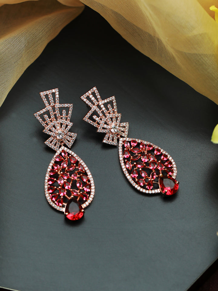 Priyaasi Sparkling Pink American Diamond Floral Drop Earrings