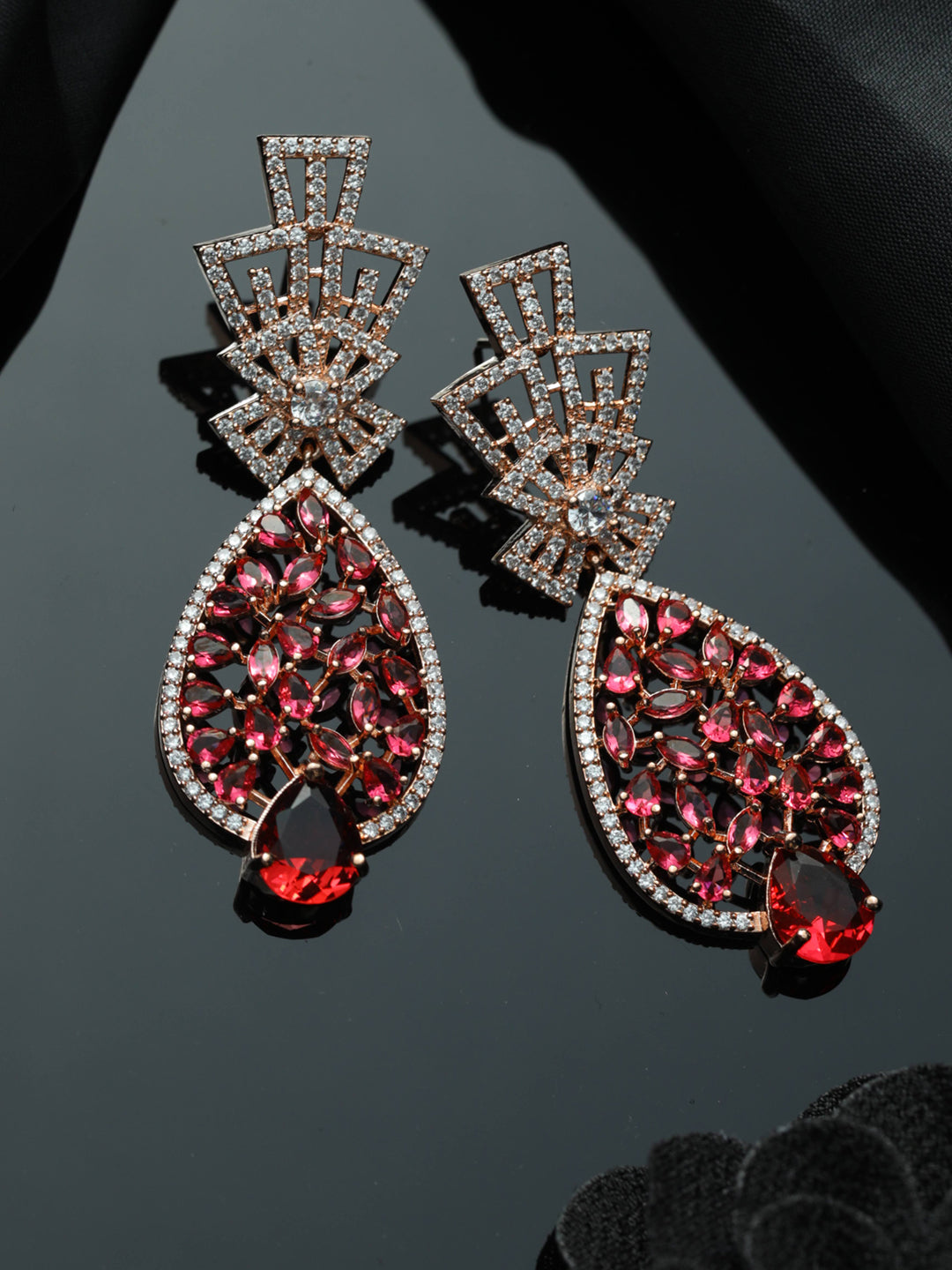 Priyaasi Sparkling Pink American Diamond Floral Drop Earrings
