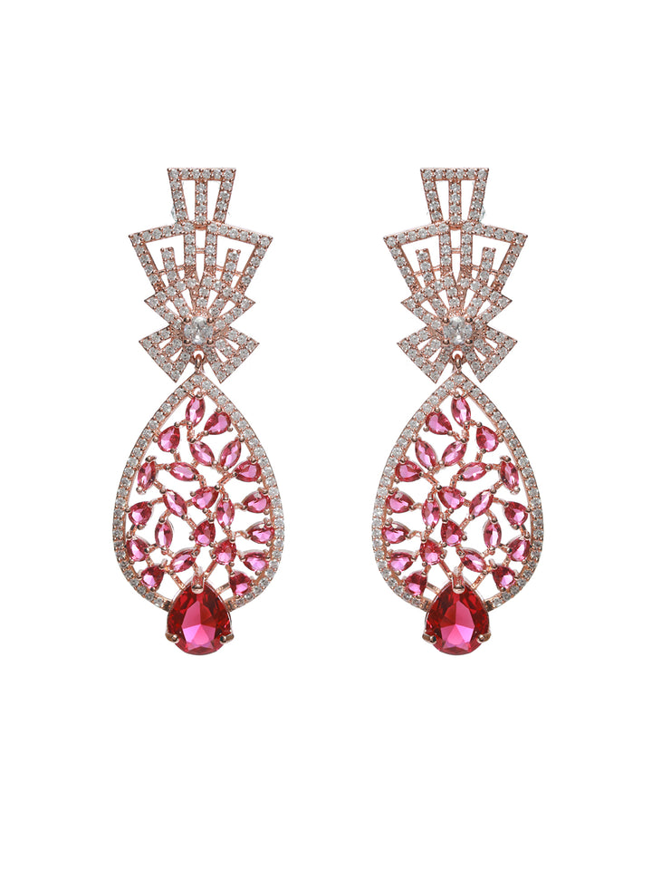 Priyaasi Sparkling Pink American Diamond Floral Drop Earrings
