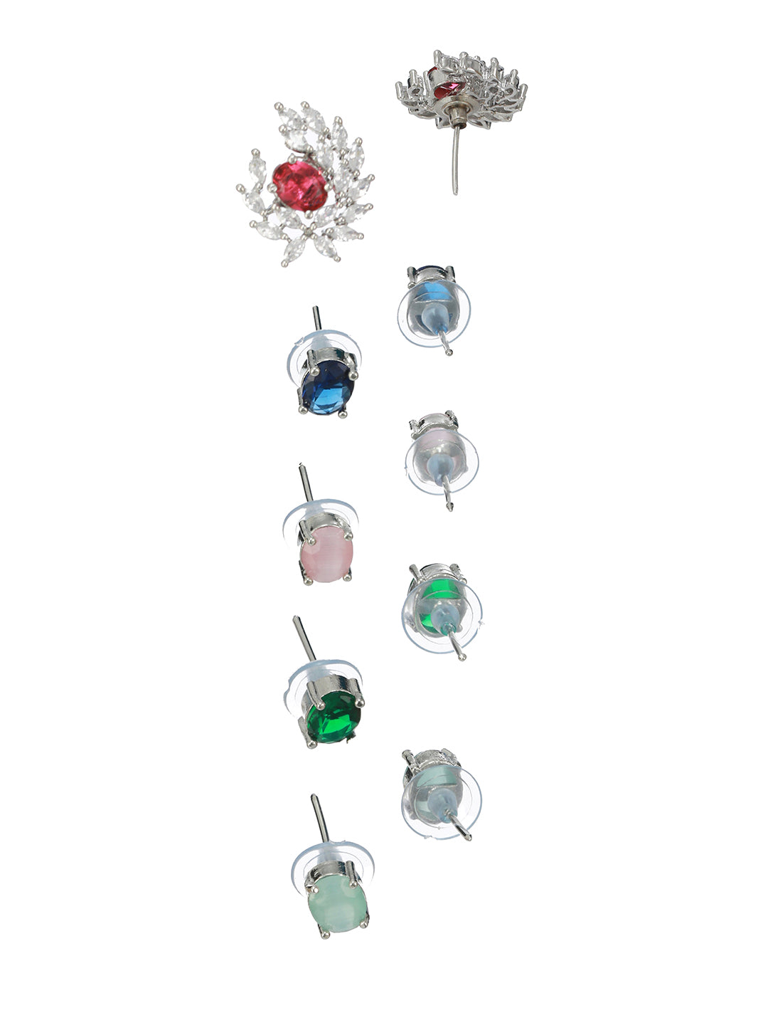 Multicolor Solitaire Leaf Silver-Plated Stud Earring Set of 5