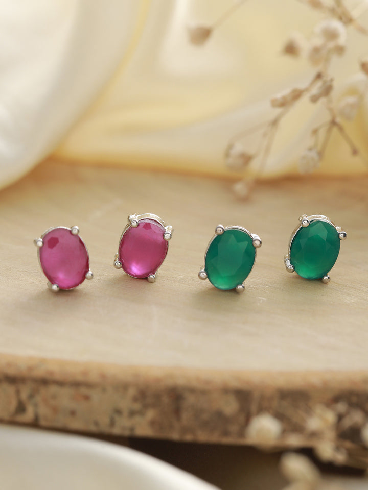 Green Ruby Oval Silver-Plated Stud Earrings Set