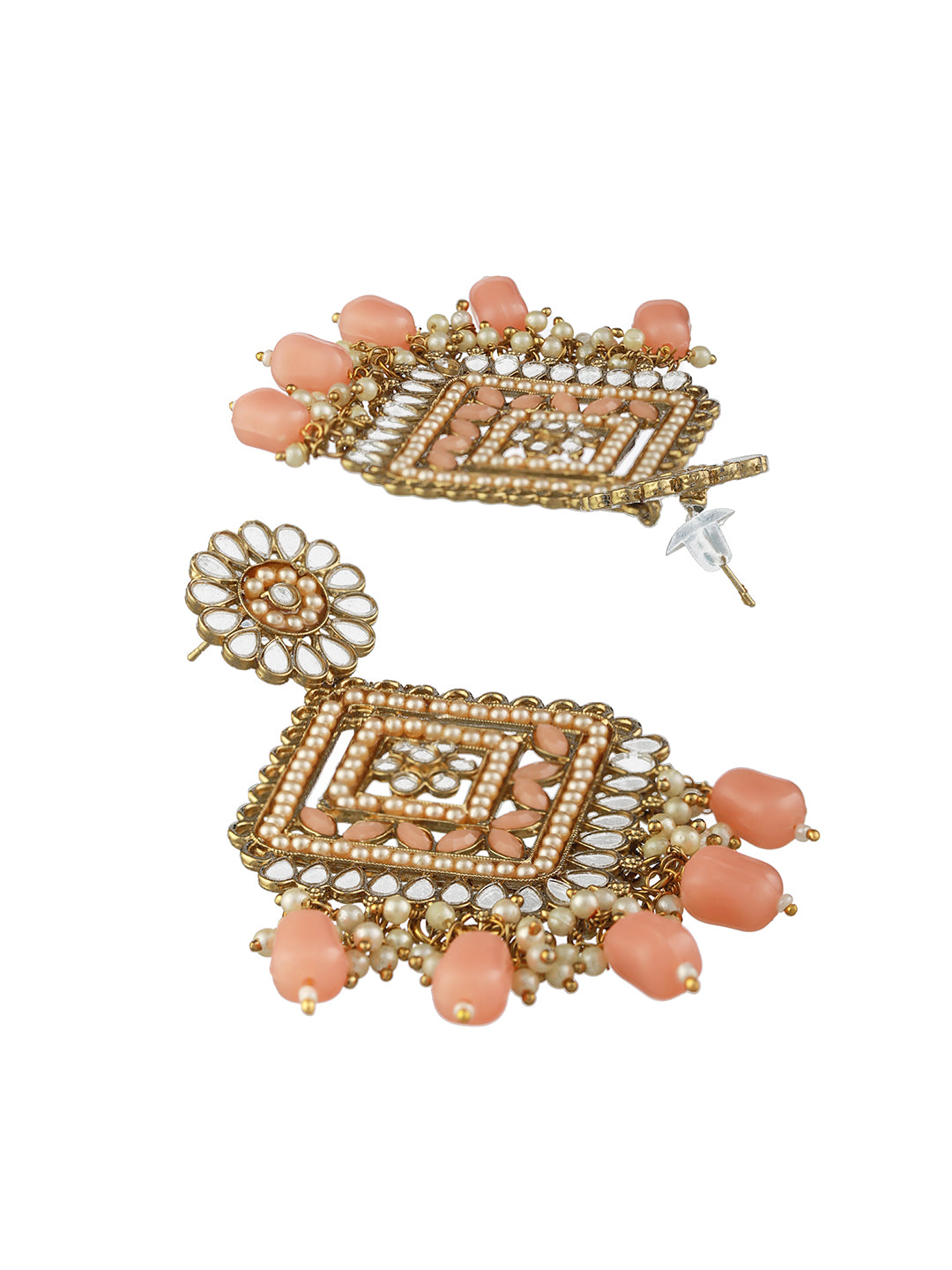 Peach Studded Mirror Floral Drop Earrings and Maangtika Set