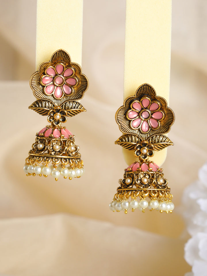 Priyaasi Pink Studded Floral Gold-Plated Jhumka Earrings