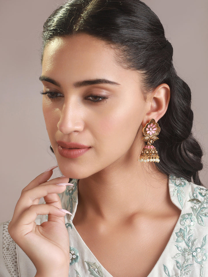 Priyaasi Pink Studded Floral Gold-Plated Jhumka Earrings