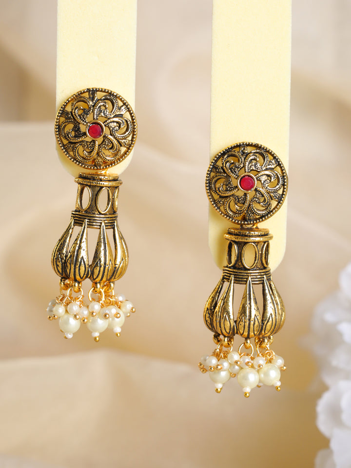 Priyaasi Red Floral Pearl Drop Gold-Plated Earrings