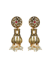 Priyaasi Red Floral Pearl Drop Gold-Plated Earrings