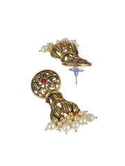 Priyaasi Red Floral Pearl Drop Gold-Plated Earrings