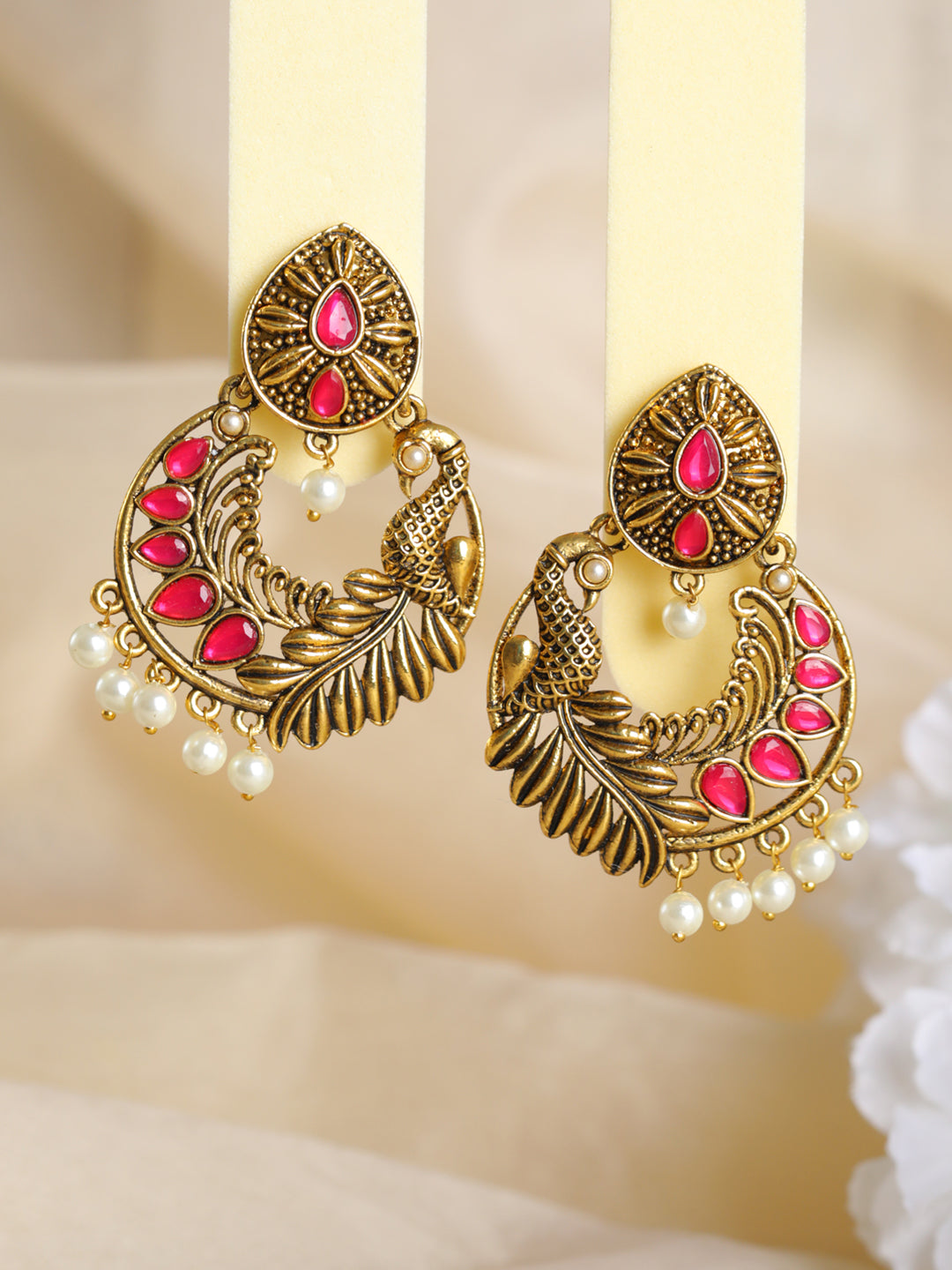 Priyaasi Pink Peacock Studded Pearl Drop Gold-Plated Earrings