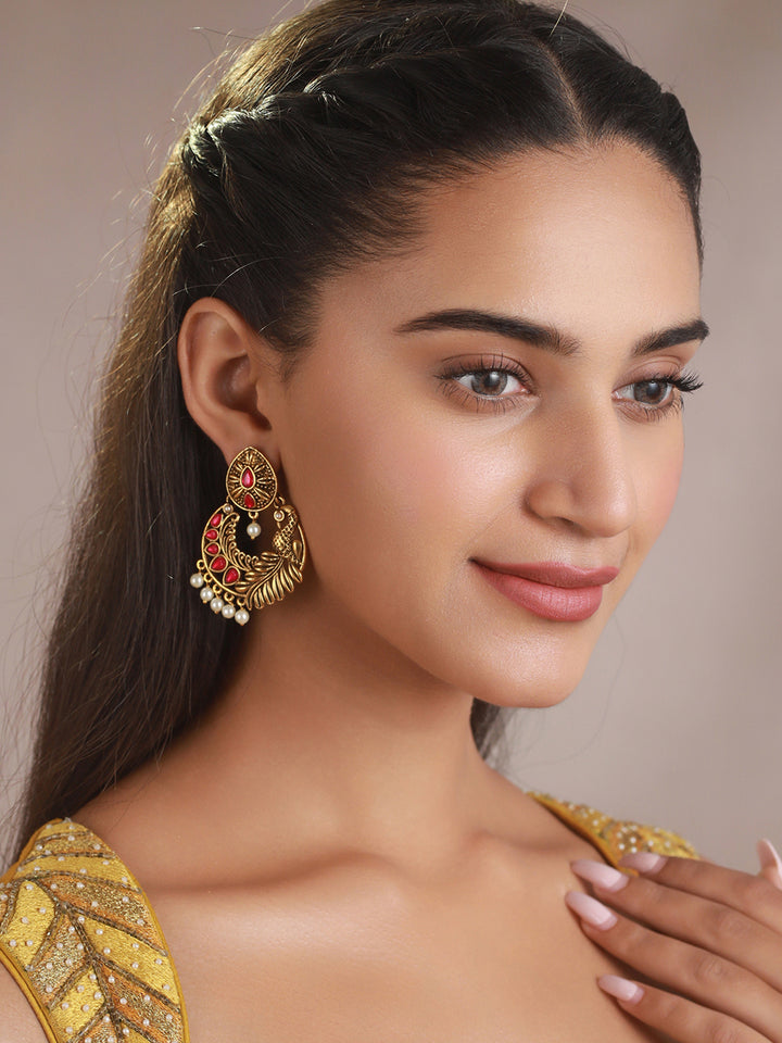 Priyaasi Pink Peacock Studded Pearl Drop Gold-Plated Earrings