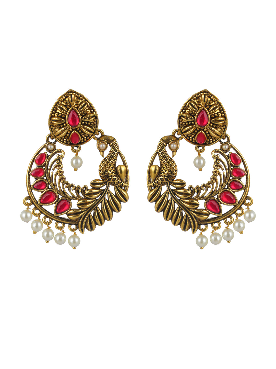 Priyaasi Pink Peacock Studded Pearl Drop Gold-Plated Earrings