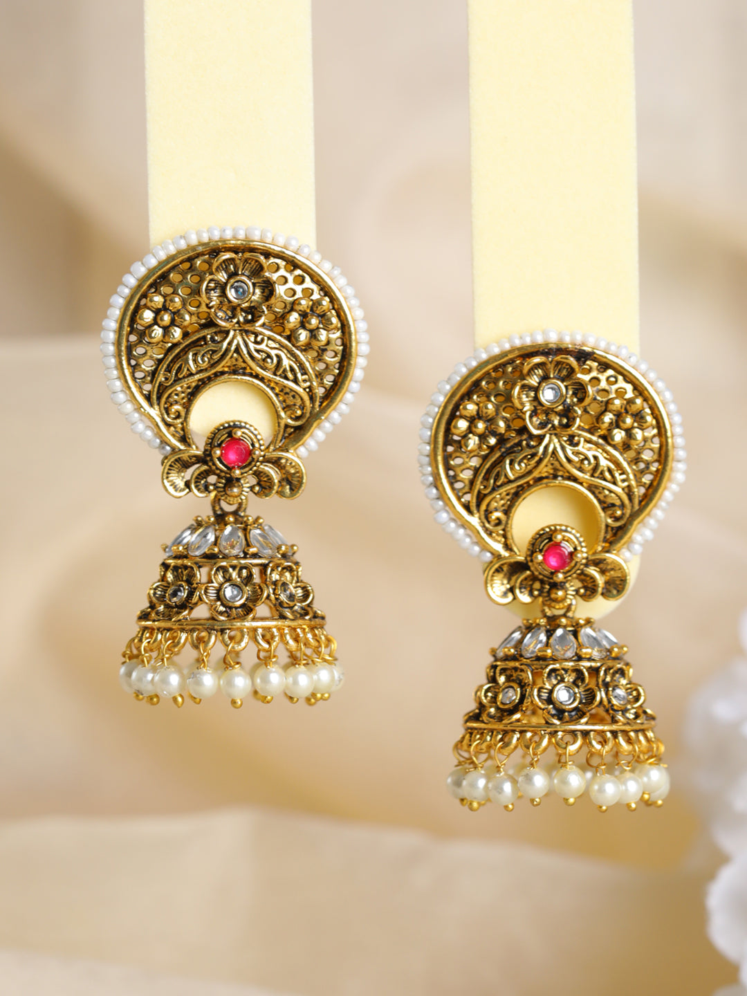 Priyaasi Studded Pink Floral Gold-Plated Jhumka Earrings