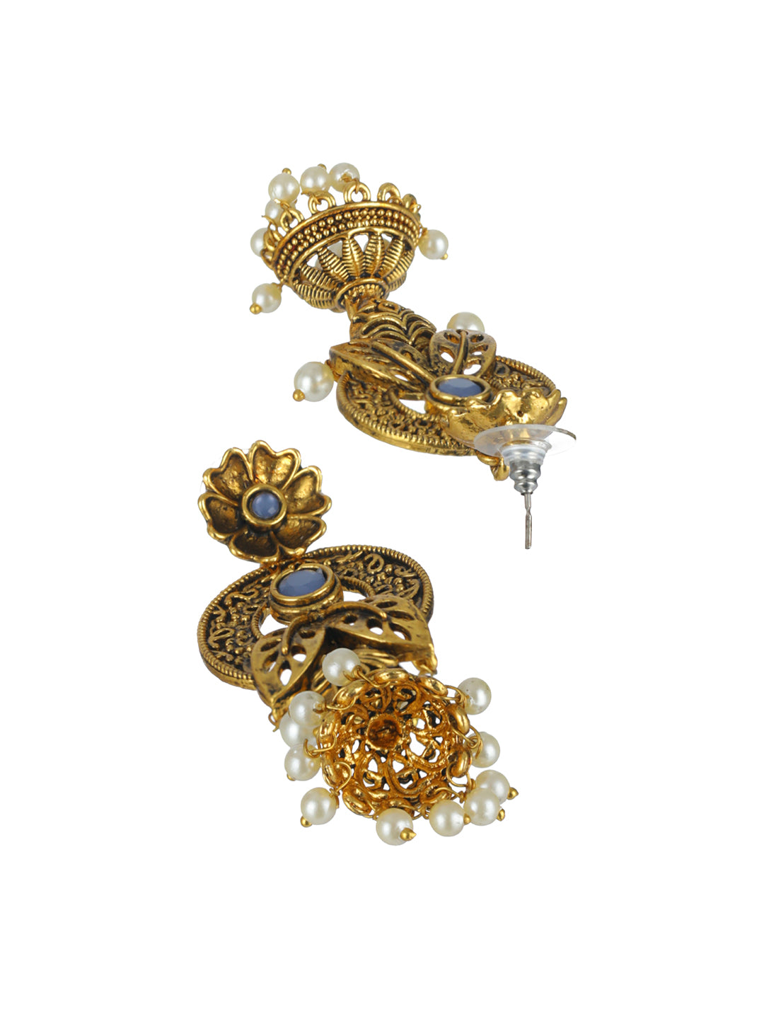 Priyaasi Blue Floral Leaf Gold-Plated Jhumka Earrings