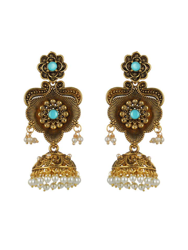 Priyaasi Studded Sky Blue Floral Gold-Plated Jhumka Earrings