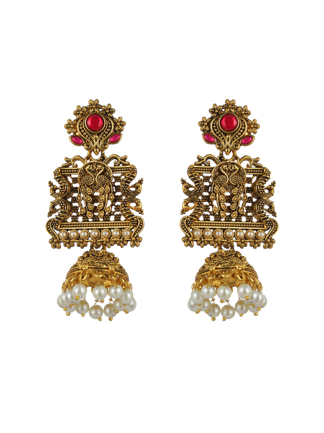 Priyaasi Studded Pink Peacock Gold-Plated Jhumka Earrings