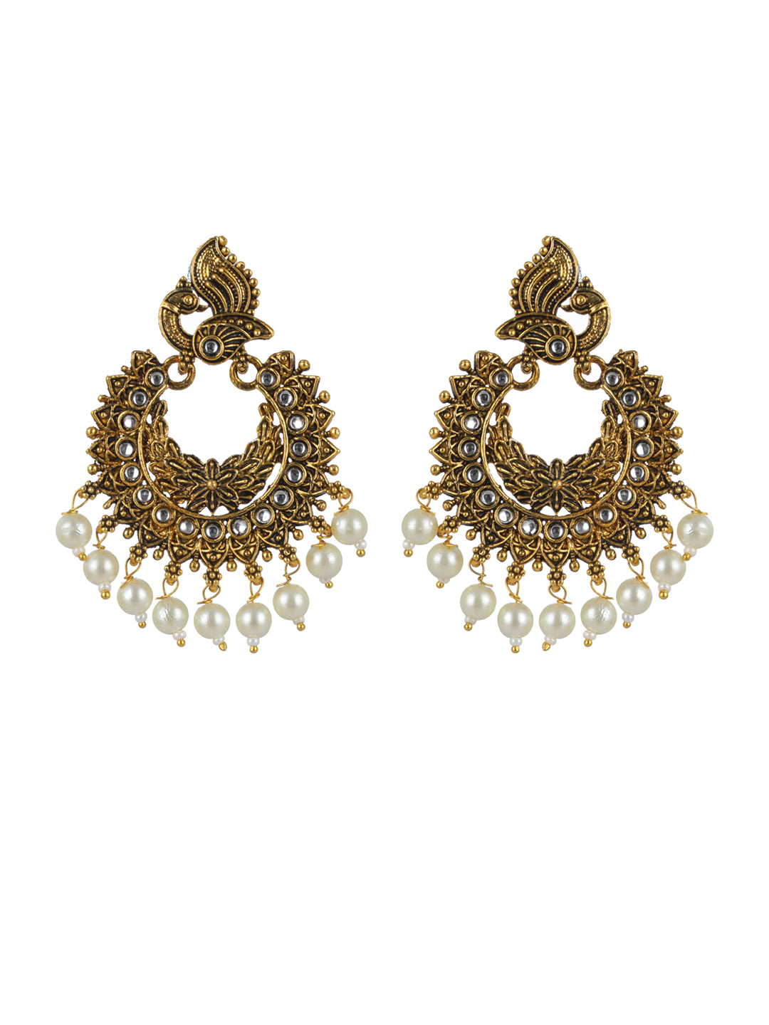 Priyaasi Studded Peacock Pearl Drop Gold-Plated Earrings