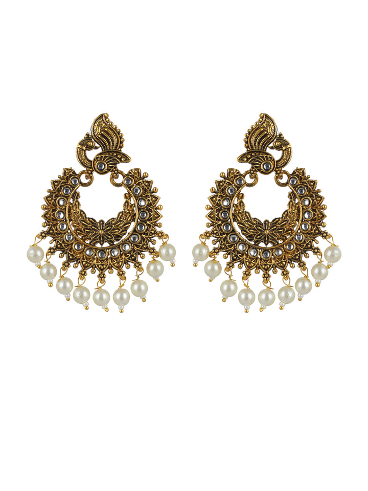 Priyaasi Studded Peacock Pearl Drop Gold-Plated Earrings