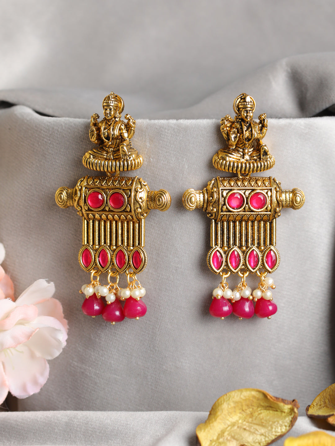 Priyaasi Pink Goddess Laxmi Gold-Plated Drop Earrings