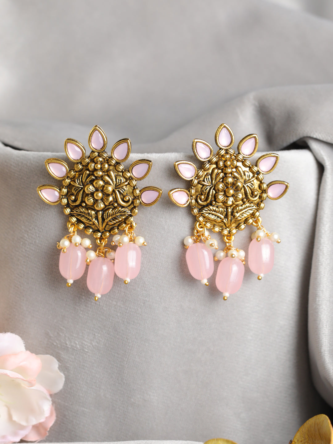 Priyaasi Pink Studded Floral Gold-Plated Drop Earrings