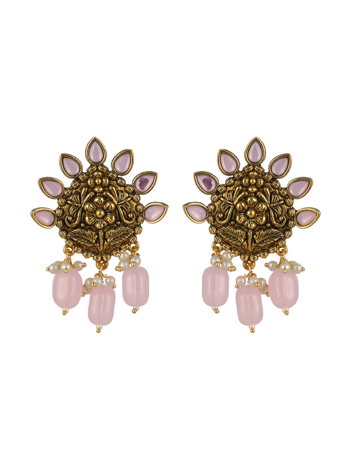 Priyaasi Pink Studded Floral Gold-Plated Drop Earrings