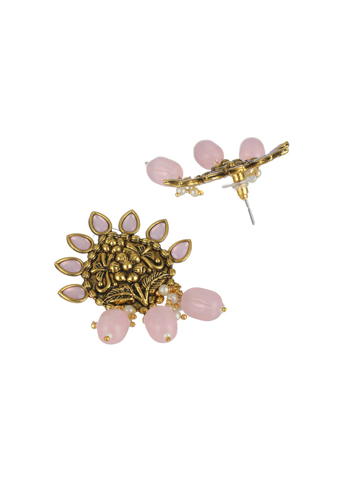 Priyaasi Pink Studded Floral Gold-Plated Drop Earrings