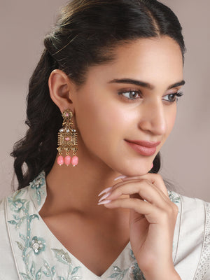 Priyaasi Pink Studded Floral Block Gold-Plated Drop Earrings