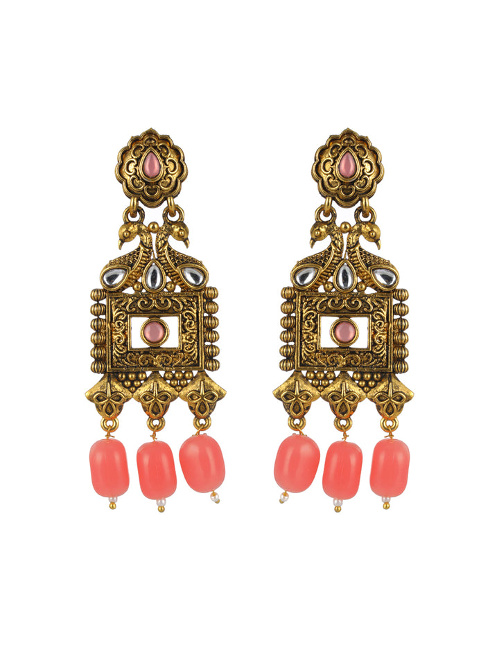 Priyaasi Pink Studded Floral Block Gold-Plated Drop Earrings