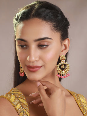 Priyaasi Studded Pink Floral Gold-Plated Chandbali Earrings