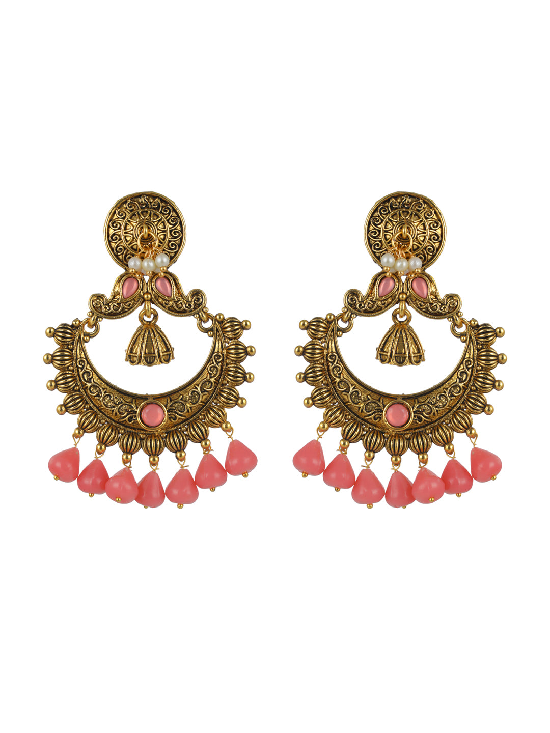 Priyaasi Studded Pink Floral Gold-Plated Chandbali Earrings