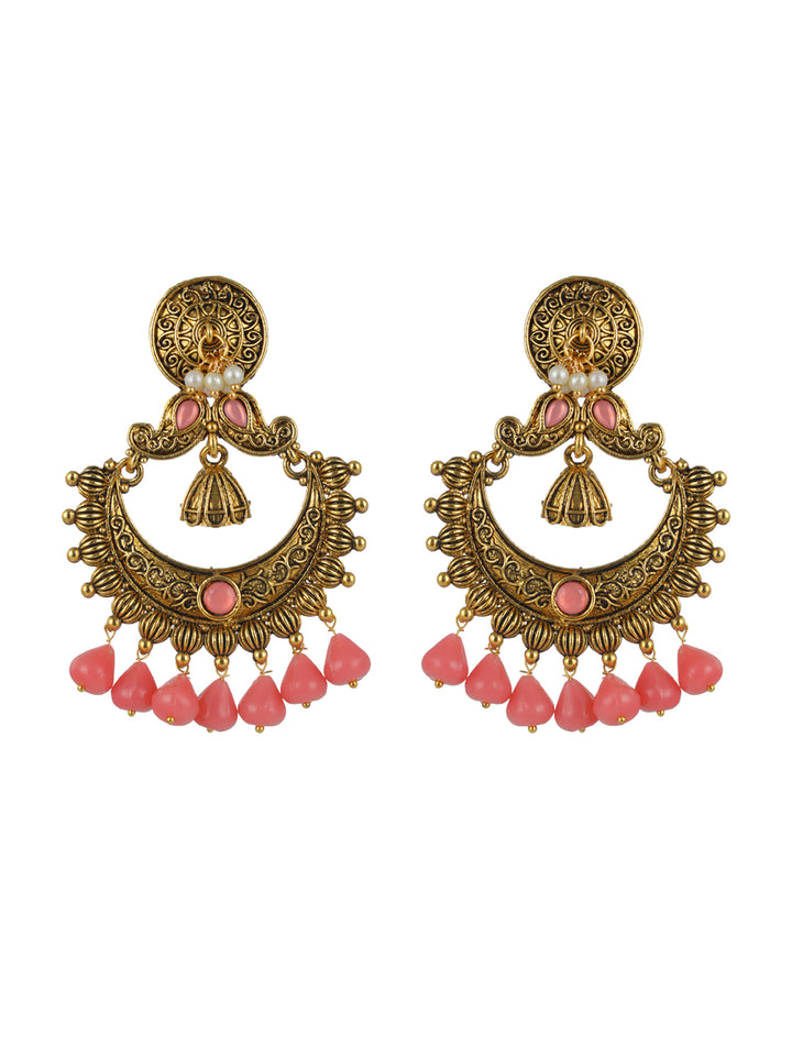 Priyaasi Studded Pink Floral Gold-Plated Chandbali Earrings