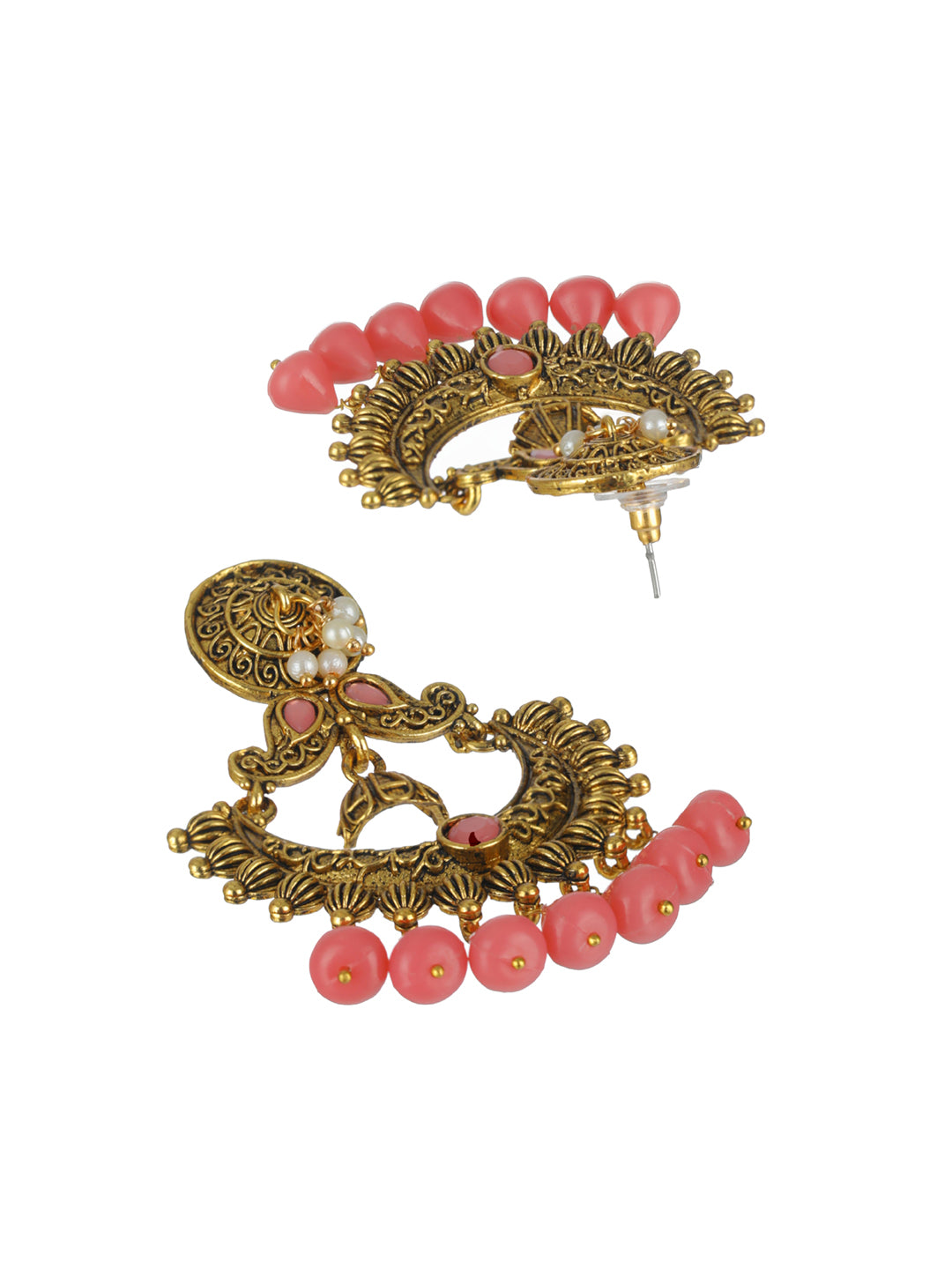 Priyaasi Studded Pink Floral Gold-Plated Chandbali Earrings