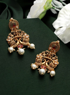 Pink Peacock Pearl Studded Gold-Plated Drop Earrings