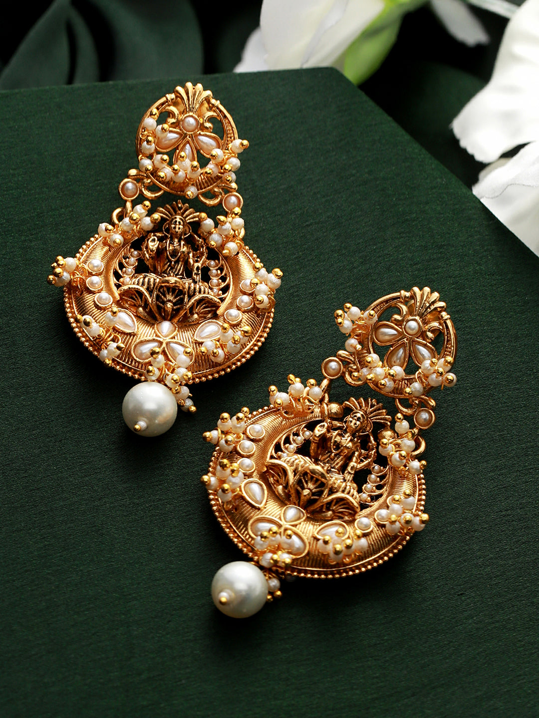 Goddess Laxmi Floral Pearl Gold-Plated Earrings