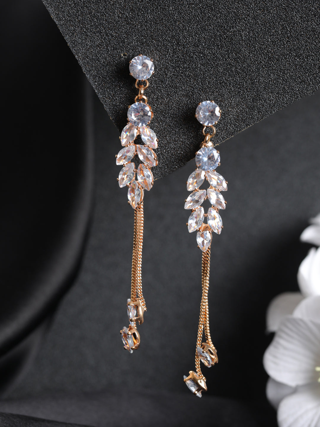 Priyaasi Pretty Leaves AD Rose Gold-Plated Drop Earrings