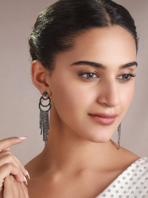 Priyaasi Black Studded Round Tassel Drop Earrings