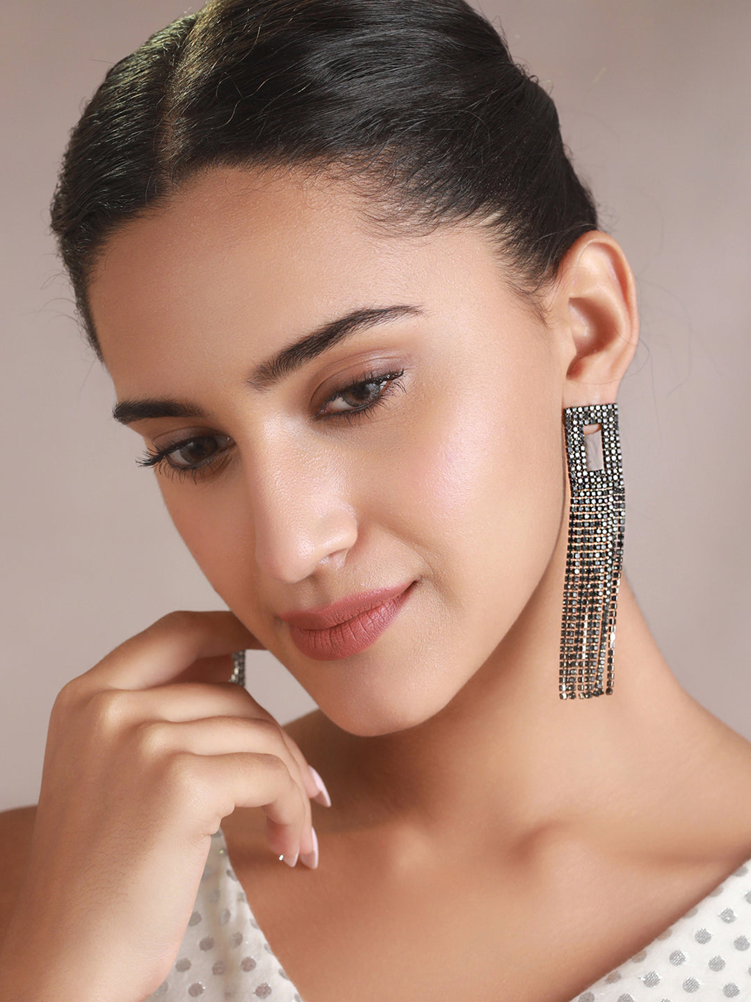 Priyaasi Studded Black Block Tasseled Drop Earrings