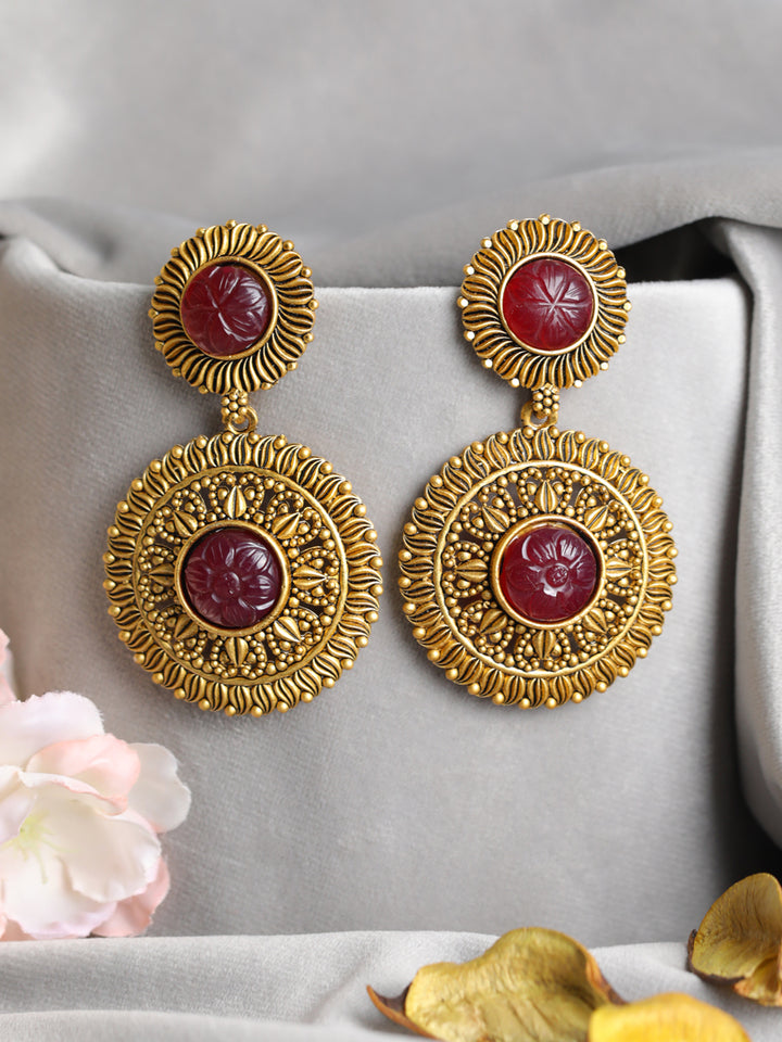 Priyaasi Red Round Floral Gold-Plated Drop Earrings