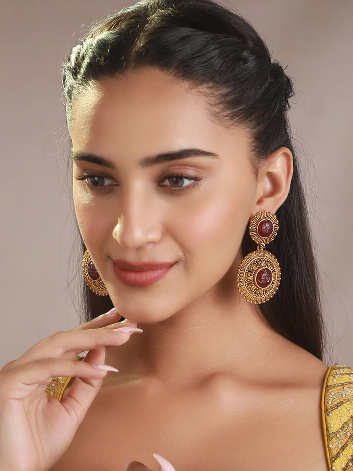 Priyaasi Red Round Floral Gold-Plated Drop Earrings