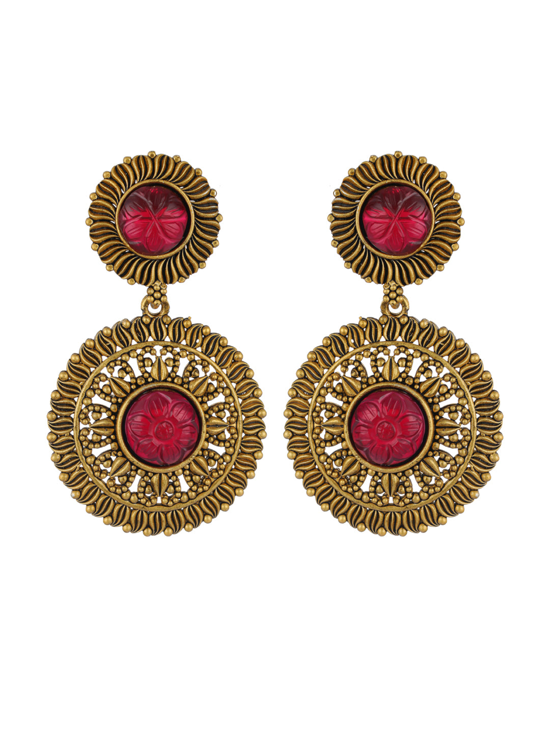 Priyaasi Red Round Floral Gold-Plated Drop Earrings